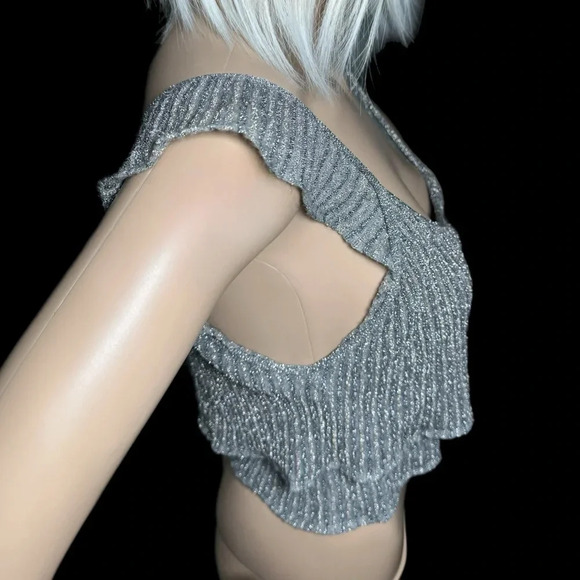 Armani Exchange Y2K Cropped Metallic Silver Knit Ruffle Cropped Tank Top XS - Picture 4 of 8